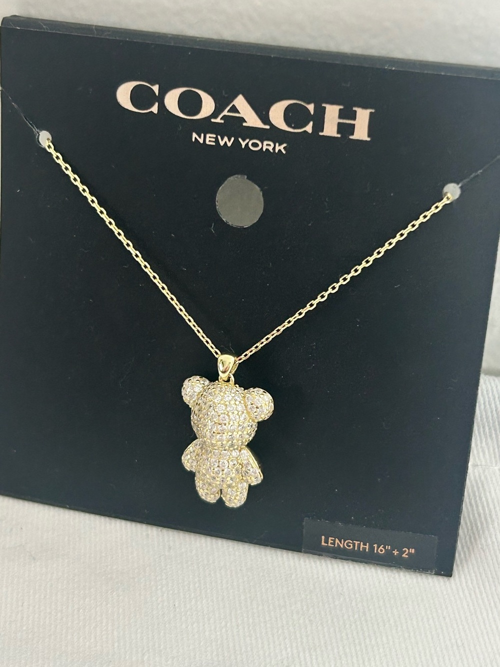Coach Gold-Tone Puffy Pavé Teddy Pendant Necklace with 16” chain